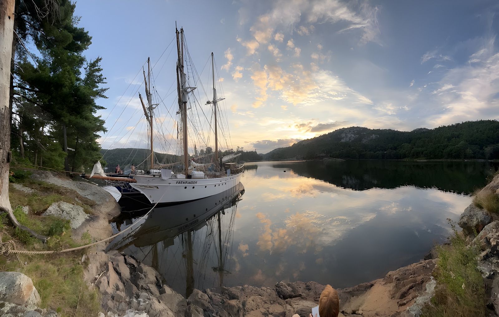 Evening anchorage: Pathfinder tied to the rocks, Georgian Bay