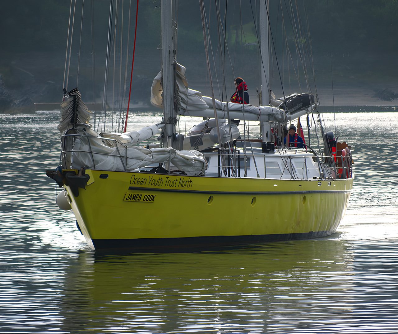 STV James Cook, Ocean Youth Trust North's yellow-hulled ketch, entering Bangor harbour